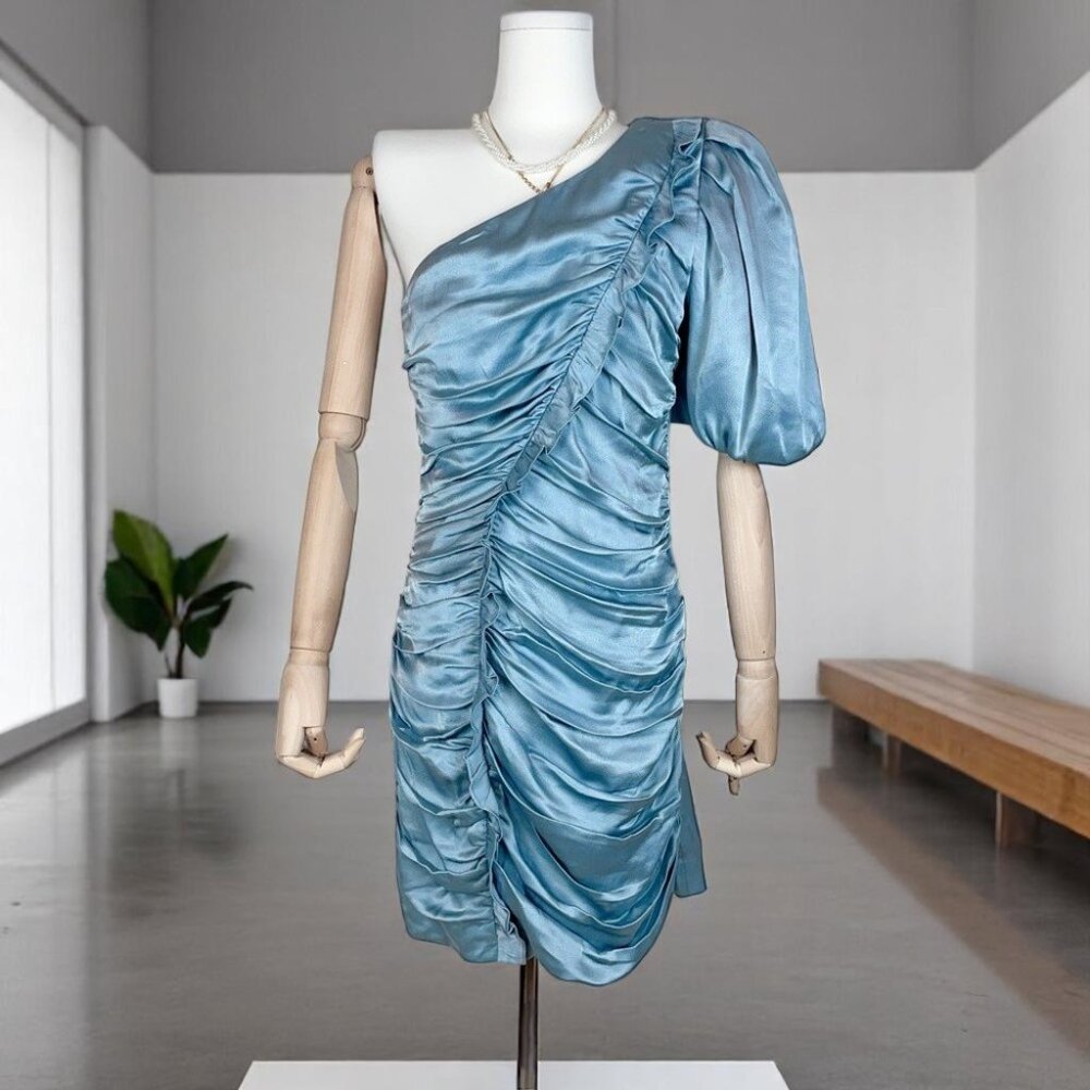 NWT Elliatt Satin Ruched Julianne Dress in Stoneblue - Picture 2 of 10